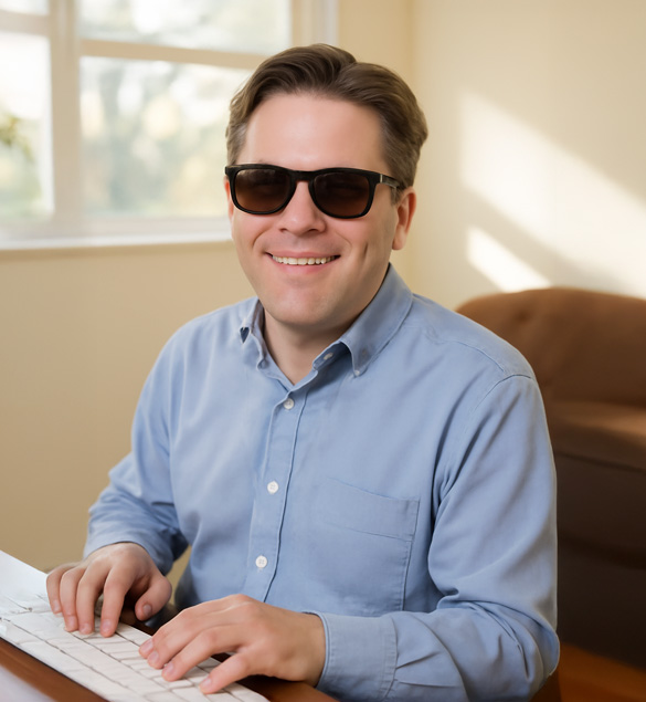 Hombre ciego usando una computadora en un ambiente luminoso, sonriendo mientras interact&uacute;a con el teclado.