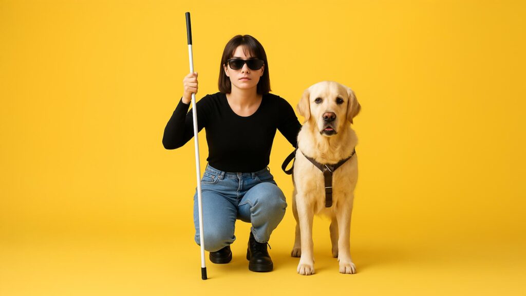 Mujer no vidente con gafas oscuras y bastón blanco, agachada junto a su perro guía golden retriever con arnés marrón, frente a un fondo amarillo vibrante.