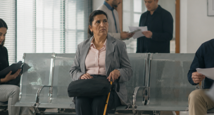 Mujer con discapacidad visual está sentada en una sala de espera. Sostiene su bastón y tiene una expresión seria. A su alrededor, algunas personas conversan y miran papeles.
